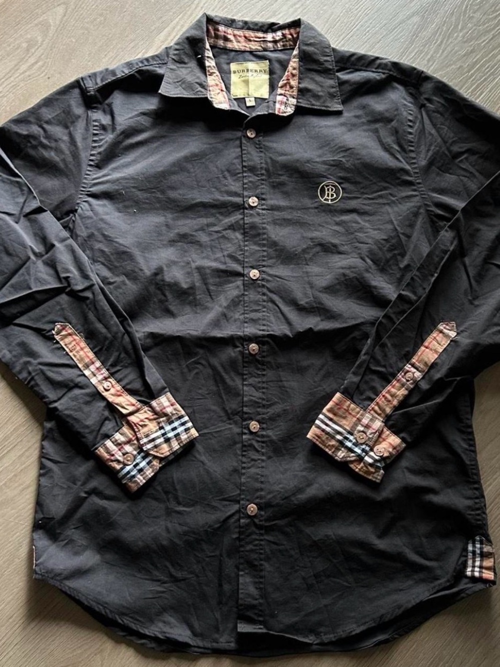 Burberry Black Button-Down Shirt with Signature Check Trim
